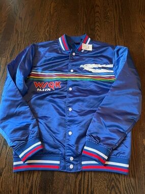 Stranger Things WSQK 94.5 FM Blue Satin Bomber Jacket with Retro Stripe